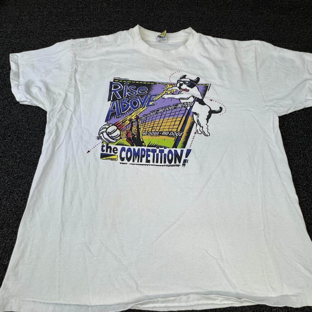 Vtg Big Dogs Shirt Mens XL White Rise Above The Competition Volleyball Dog 90s